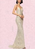 Tessa Sheath/Column V-Neck Sweep Train Sequin Evening Dress With Pleated UKP0021012