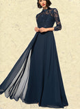 LuLu A-line High Neck Illusion Floor-Length Chiffon Lace Evening Dress UKP0021013