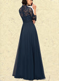 LuLu A-line High Neck Illusion Floor-Length Chiffon Lace Evening Dress UKP0021013