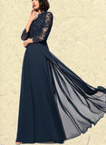 LuLu A-line High Neck Illusion Floor-Length Chiffon Lace Evening Dress UKP0021013