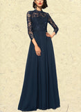 LuLu A-line High Neck Illusion Floor-Length Chiffon Lace Evening Dress UKP0021013