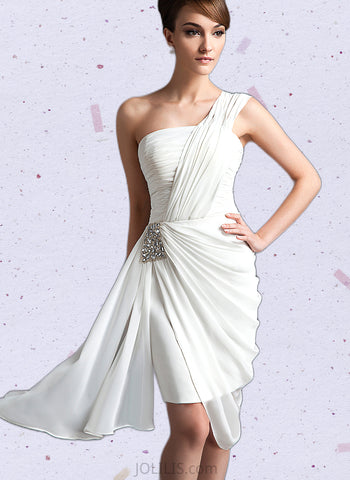 Rhianna Sheath/Column One Shoulder Asymmetrical Chiffon Cocktail Dress With Beading Ruffle UKP0021017