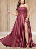 Arielle A-line Square Sweep Train Satin Prom Dresses With Rhinestone UKP0021021