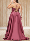 Arielle A-line Square Sweep Train Satin Prom Dresses With Rhinestone UKP0021021