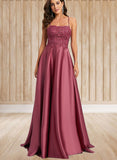 Arielle A-line Square Sweep Train Satin Prom Dresses With Rhinestone UKP0021021