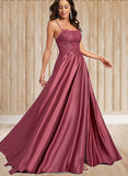 Arielle A-line Square Sweep Train Satin Prom Dresses With Rhinestone UKP0021021