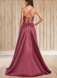 Arielle A-line Square Sweep Train Satin Prom Dresses With Rhinestone UKP0021021