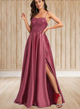 Arielle A-line Square Sweep Train Satin Prom Dresses With Rhinestone UKP0021021