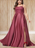 Arielle A-line Square Sweep Train Satin Prom Dresses With Rhinestone UKP0021021