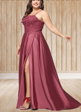 Arielle A-line Square Sweep Train Satin Prom Dresses With Rhinestone UKP0021021