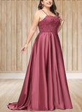 Arielle A-line Square Sweep Train Satin Prom Dresses With Rhinestone UKP0021021