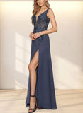 Sariah A-line V-Neck Floor-Length Chiffon Lace Evening Dress With Sequins UKP0021025