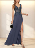 Sariah A-line V-Neck Floor-Length Chiffon Lace Evening Dress With Sequins UKP0021025