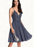 Natalie A-line V-Neck Knee-Length Chiffon Lace Cocktail Dress With Beading UKP0021027