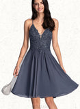 Natalie A-line V-Neck Knee-Length Chiffon Lace Cocktail Dress With Beading UKP0021027