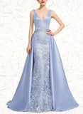 Autumn Sheath/Column V-Neck Sweep Train Lace Satin Prom Dresses With Beading Sequins UKP0021030