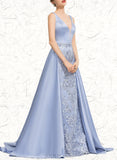 Autumn Sheath/Column V-Neck Sweep Train Lace Satin Prom Dresses With Beading Sequins UKP0021030