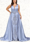 Autumn Sheath/Column V-Neck Sweep Train Lace Satin Prom Dresses With Beading Sequins UKP0021030