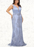 Autumn Sheath/Column V-Neck Sweep Train Lace Satin Prom Dresses With Beading Sequins UKP0021030