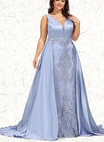 Autumn Sheath/Column V-Neck Sweep Train Lace Satin Prom Dresses With Beading Sequins UKP0021030