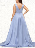 Autumn Sheath/Column V-Neck Sweep Train Lace Satin Prom Dresses With Beading Sequins UKP0021030