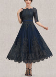 Heather A-line Boat Neck Tea-Length Lace Satin Evening Dress UKP0021035