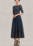 Heather A-line Boat Neck Tea-Length Lace Satin Evening Dress UKP0021035