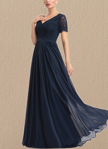 Zoe A-line V-Neck Floor-Length Chiffon Lace Evening Dress UKP0021041