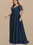 Zoe A-line V-Neck Floor-Length Chiffon Lace Evening Dress UKP0021041