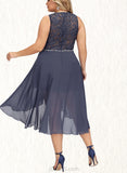 Shea A-line Scoop Asymmetrical Chiffon Lace Cocktail Dress With Beading UKP0021043