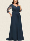 Liberty Trumpet/Mermaid V-Neck Sweep Train Chiffon Lace Evening Dress With Pleated Sequins UKP0021044