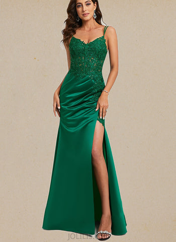 Jess Sheath/Column V-Neck Floor-Length Lace Satin Prom Dresses With Sequins UKP0021045