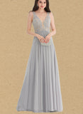 Olivia A-line V-Neck Floor-Length Chiffon Lace Evening Dress With Rhinestone UKP0021046