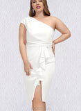 Reyna Sheath/Column One Shoulder Knee-Length Stretch Crepe Cocktail Dress With Ruffle UKP0021047