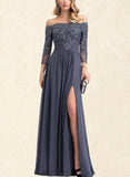 Kianna A-line Off the Shoulder Floor-Length Chiffon Lace Evening Dress With Beading Pleated Sequins UKP0021048