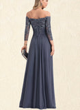 Kianna A-line Off the Shoulder Floor-Length Chiffon Lace Evening Dress With Beading Pleated Sequins UKP0021048