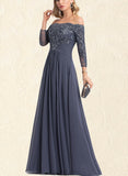 Kianna A-line Off the Shoulder Floor-Length Chiffon Lace Evening Dress With Beading Pleated Sequins UKP0021048