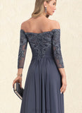 Kianna A-line Off the Shoulder Floor-Length Chiffon Lace Evening Dress With Beading Pleated Sequins UKP0021048