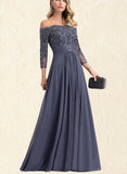 Kianna A-line Off the Shoulder Floor-Length Chiffon Lace Evening Dress With Beading Pleated Sequins UKP0021048