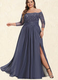 Kianna A-line Off the Shoulder Floor-Length Chiffon Lace Evening Dress With Beading Pleated Sequins UKP0021048