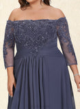 Kianna A-line Off the Shoulder Floor-Length Chiffon Lace Evening Dress With Beading Pleated Sequins UKP0021048