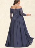 Kianna A-line Off the Shoulder Floor-Length Chiffon Lace Evening Dress With Beading Pleated Sequins UKP0021048