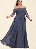 Kianna A-line Off the Shoulder Floor-Length Chiffon Lace Evening Dress With Beading Pleated Sequins UKP0021048