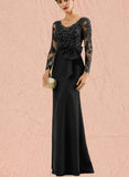 Sal Sheath/Column V-Neck Floor-Length Lace Stretch Crepe Evening Dress With Bow Sequins UKP0021051