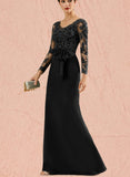 Sal Sheath/Column V-Neck Floor-Length Lace Stretch Crepe Evening Dress With Bow Sequins UKP0021051