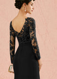 Sal Sheath/Column V-Neck Floor-Length Lace Stretch Crepe Evening Dress With Bow Sequins UKP0021051