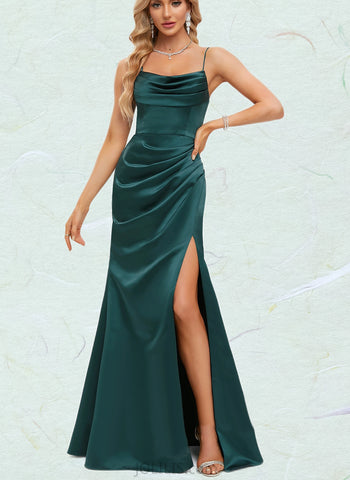 Kinsley Sheath/Column Cowl Floor-Length Satin Prom Dresses With Pleated UKP0021054