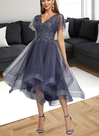 Litzy A-line V-Neck Asymmetrical Tulle Cocktail Dress With Sequins UKP0021056