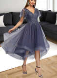 Litzy A-line V-Neck Asymmetrical Tulle Cocktail Dress With Sequins UKP0021056