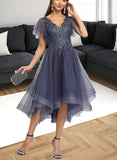 Litzy A-line V-Neck Asymmetrical Tulle Cocktail Dress With Sequins UKP0021056